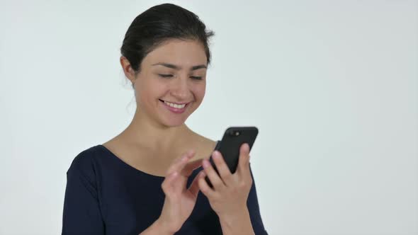 Indian Woman Using Smartphone White Background