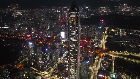 Aerial footage of landscape at night in shenzhen city, China, Hyperlapse