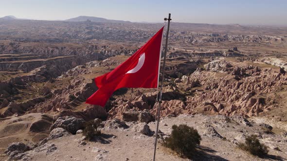 Flag of Turkey in Cappadocia. Aerial View