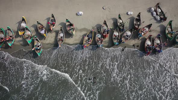 Aerial view of traditional fishing boats in Chittagong, Bangladesh.