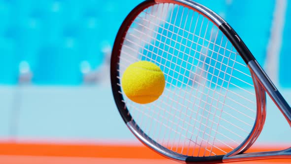 Slow-motion animation of the tennis racket striking the ball. A ball hit. 4 K HD