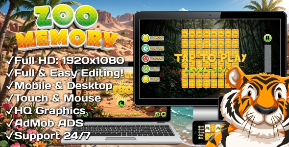 Zoo Memory - HTML5 Game 14 Levels + Mobile Version! (Construct 3 | c3p)