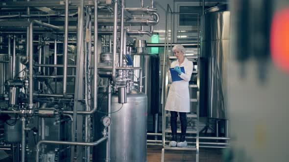 Lady Inspector Is Examining a Factory Unit with Pipes