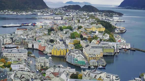 Aksla Viewpoint - Townscape Of Alesund In More Og Romsdal County, Sunnmore District, Norway.  - wide
