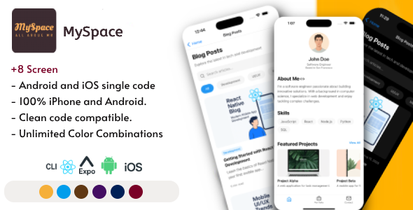 MySpace App - React Native CLI | Expo - Blog & Personal UI Template