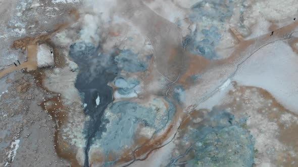 Birdseye Aerial View, Vapors of Geothermal Hot Springs in Landsscape of Iceland. Natural Wonders and