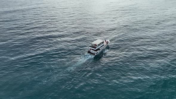 The yacht calls at the port aerial view 4 K Turkey Alanya