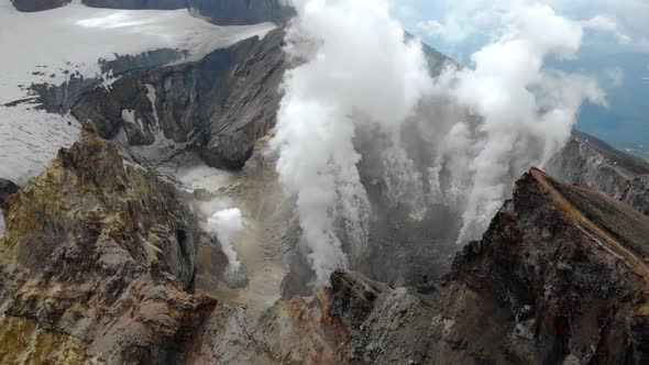 Aerial Top View of Fumaroles in Crater of Active Mutnovsky Volcano Kamchatka