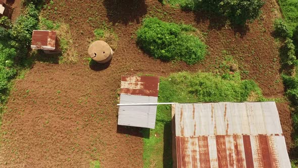 Aerial view of a small house and crops 
