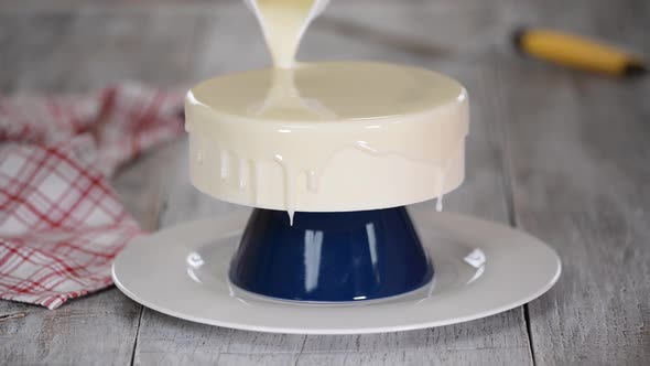 Covering a Mousse Cake with White Mirror Glaze