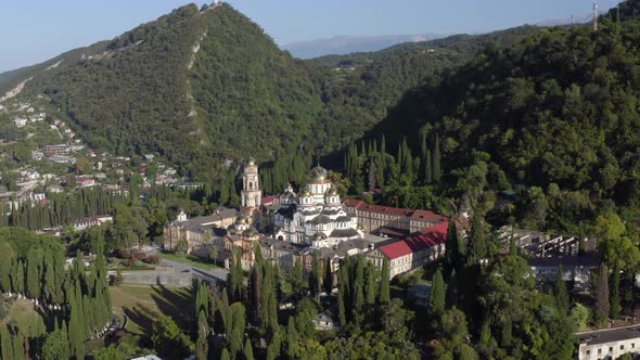 Aerial View Around Shot White Religious Building Monastery