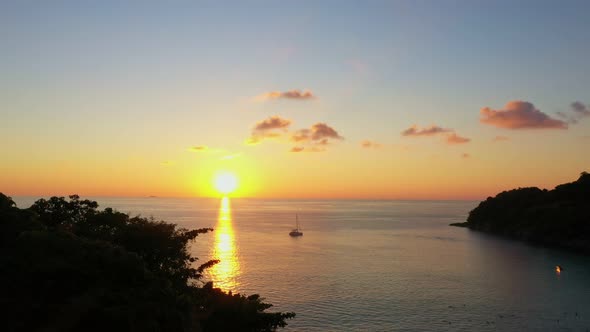 Aerial View Yellow Sky In Sunset Over The Sea.