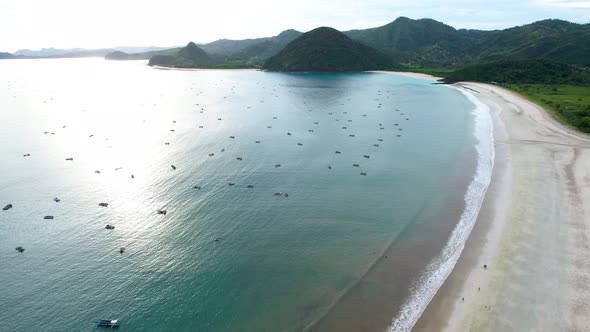 Aerial view of Selong Belanak, Tropical island with sandy beach