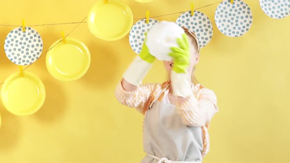 Happy Housewife Demonstrating the Washing Process, New Dish Soap