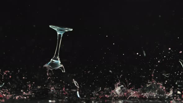 Breaking Wine Glass on Black Background at 1000 Fps.  Footage.