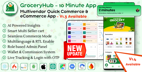 GroceryHub - 10 Minute App Multivendor Quick Commerce & eCommerce App | AI Insight | Multi Cart