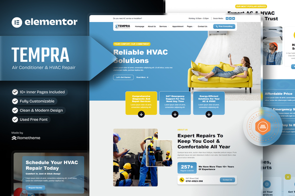 Tempra - Air Conditioner & HVAC Repair Elementor Template Kit
