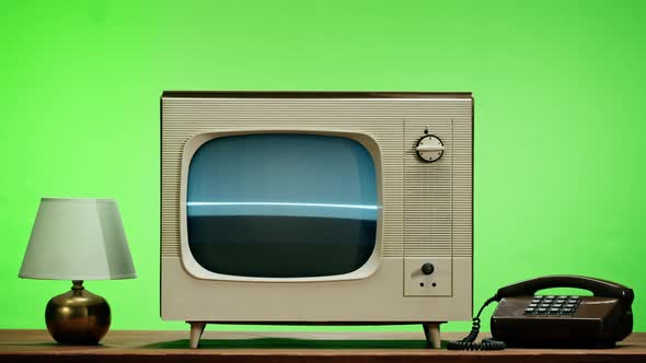 Old Television with Grey Screen on Chroma Green Background