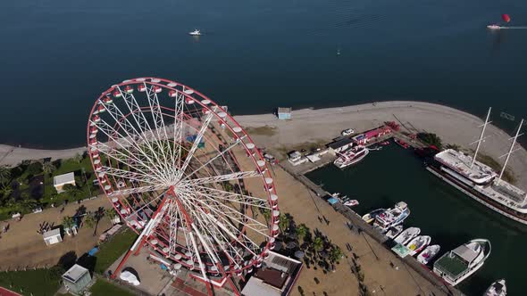 Beautiful Ferris Wheel on the Shore of Black Sea in Batumi Seascape