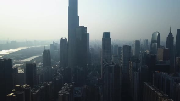 Aerial shot of asian megapolis Guangzhou downtown central buildings district on a sunny day in the a