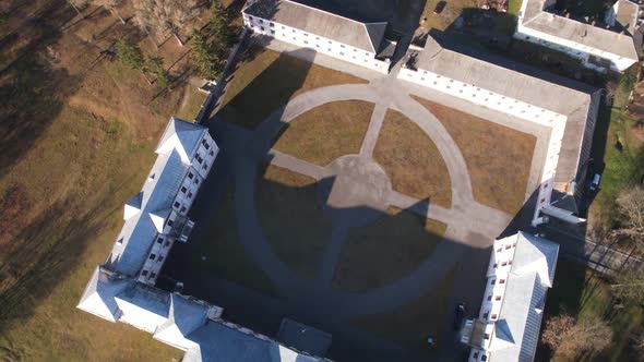 Aerial View of the Quadcopter of the Vyshnivets Palace Ukraine in Autumn