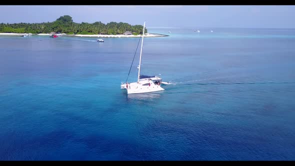 Aerial tourism of perfect shore beach adventure by blue sea and white sandy background of a dayout b