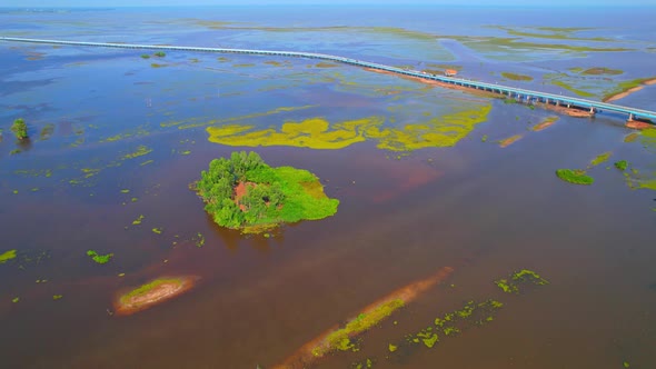 Aerial view over large wetlands in Thale Noi, Phatthalung, Thailand. 4K drone