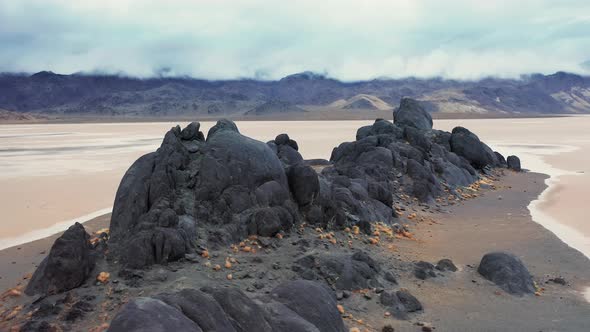 Epic Drone View of the Death Valley Park on Rainy Cloudy Day. Motion Background