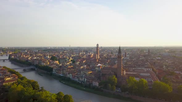 Aerial view of Verona City with bridges across Adige river, Verona Cathedral, Duomo di Verona.Italy