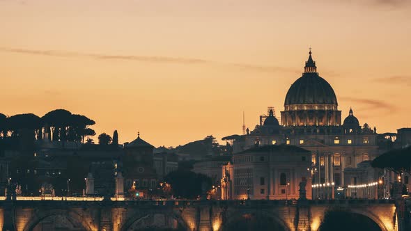 Vatican, Italy. Papal Basilica Of St. Peter In The Vatican And Aelian Bridge In Evening Night