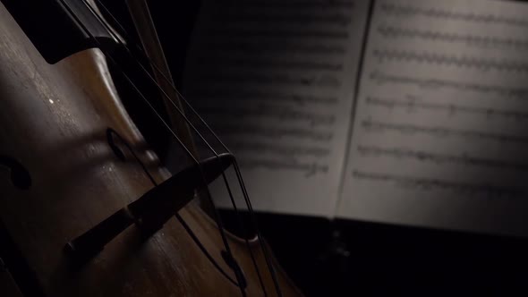 Dark Room with Cello Bow on Strings. Close Up. Side View