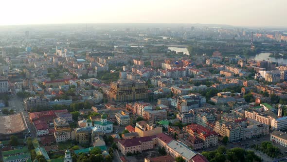 Top view of Podol. Many buildings and churches. Top view of the center of the capital of Ukraine.