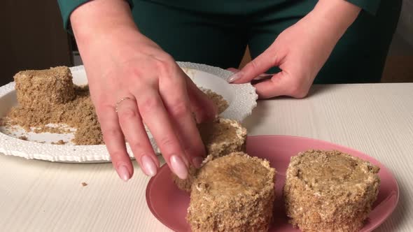 A Woman Makes A Sponge Cake With Butter Cream. Dips Cakes In Biscuit Crumbs.