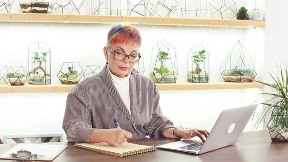 Gorgeous Business Woman with Short Colorful Hair Wearing Glasses and Blazer Using Laptop.