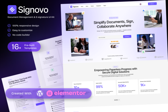 Signovo – E-signature & Document Management SaaS Elementor Template Kit