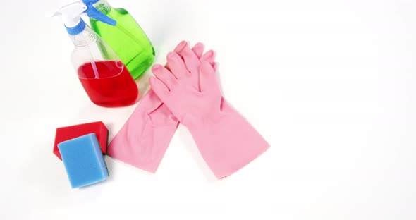 Cleaning sponge, glove and spray bottle