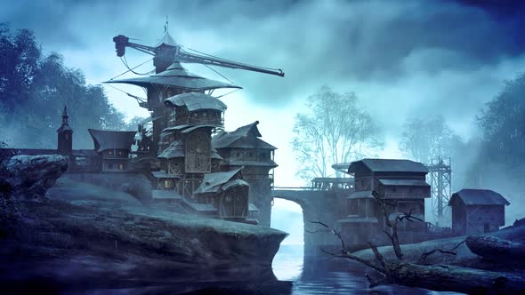 Fantasy settlement with a bridge over the flowing creek. Fabulous scenery. HD