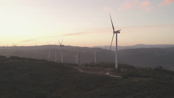 Wind turbines renewable energy wind farm landscape in Fafe, Portugal