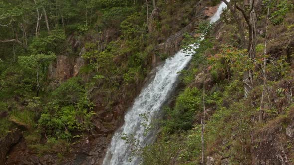 High Long Foamy Waterfall Among Woody Cliffs