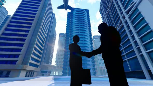 Silhouette Of Two Businessmen Shaking Hands And Talking About Cooperation Under  Office Building