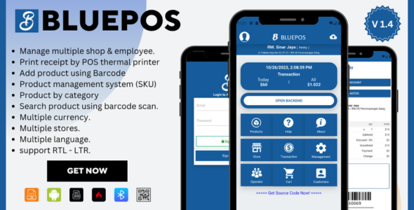 BluePOS - Android POS (SaaS, Offline/Online, Multi-Store, Role Access, API, Bluetooth Printer)