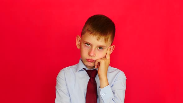 Sad pensive caucasian schoolboy 7-8 years old looking at the camera .Studio shooting red background.