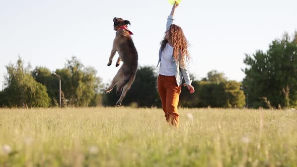 Happy Young Caucasian Woman with Long Curly Hair Is Playing with Her Dog