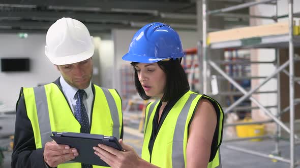 Man and woman discussing with digital tablet at construction site