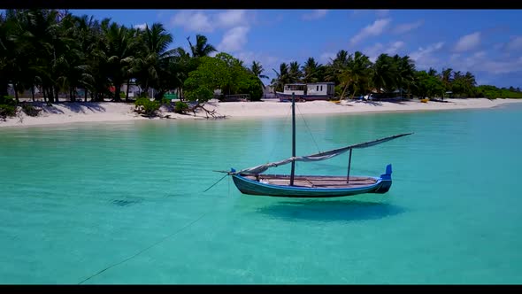 Aerial drone panorama of luxury coastline beach wildlife by blue ocean and white sandy background of