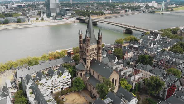 4k aerial footage circling the famous Great Saint Martin Chrurch in Cologne, Germany.
