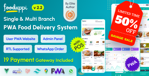 FoodAppi - PWA Food Delivery System and WhatsApp Menu Ordering with Admin Panel | Restaurant POS