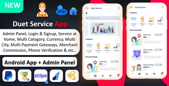 Duet Service App | On Demand Service | Service At Home | Service | Payment Gateways with Admin Panel