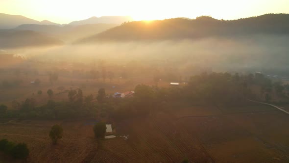 Aerial view from a drone over misty landscape on farmland. 4K