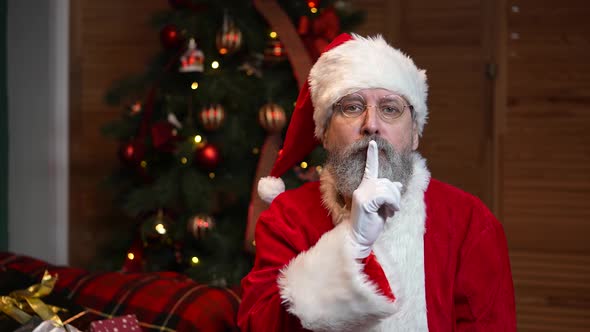 Portrait of Santa Claus Looking Pensively Around Makes Secret Gesture and Winks